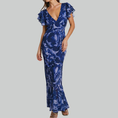 Damen Elegantes Rüschen V Ausschnitt Stylisches Kleid | Maxi