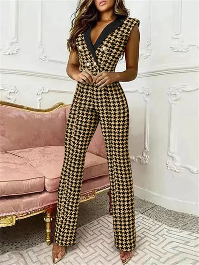 Zavando – Stylischer Jumpsuit mit V-Ausschnitt und Hahnentrittmuster