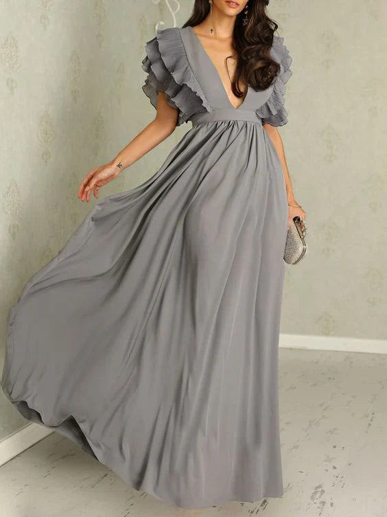 Zavando – Maxikleid mit tiefem V-Ausschnitt und Rüschenärmeln