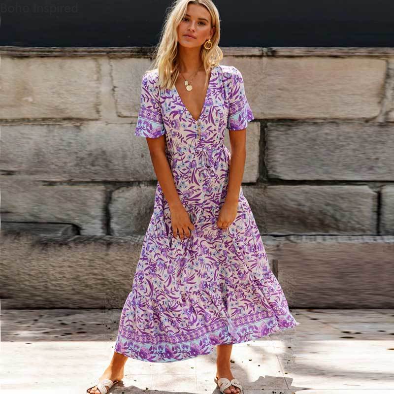 Zavando - Lila Blumiges Maxi-Kleid im Boho-Stil