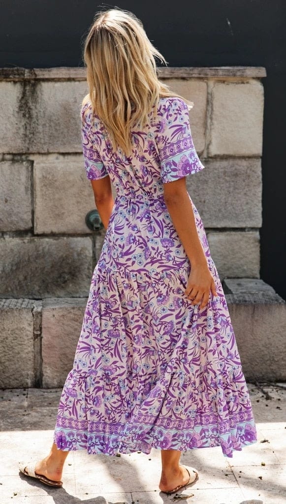 Zavando - Lila Blumiges Maxi-Kleid im Boho-Stil