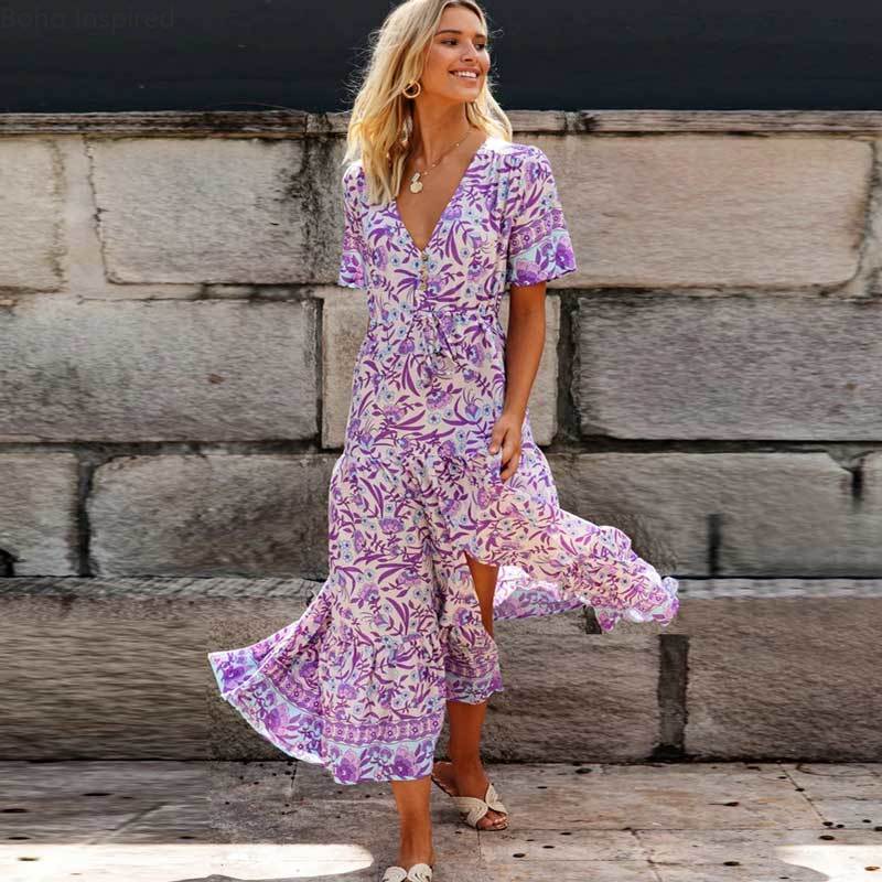 Zavando - Lila Blumiges Maxi-Kleid im Boho-Stil