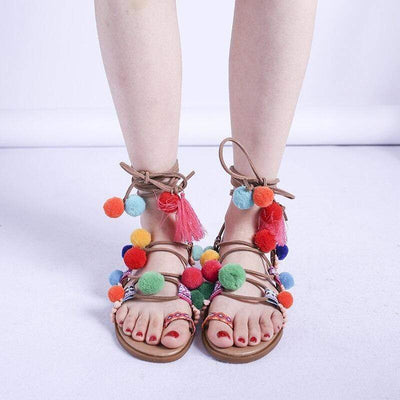 Zavando - Boho Sandalen mit bunten Pompons