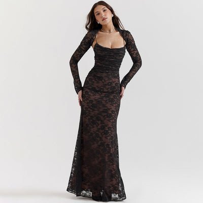 Langärmliges Damen Spitzen Abendkleid | Maxi