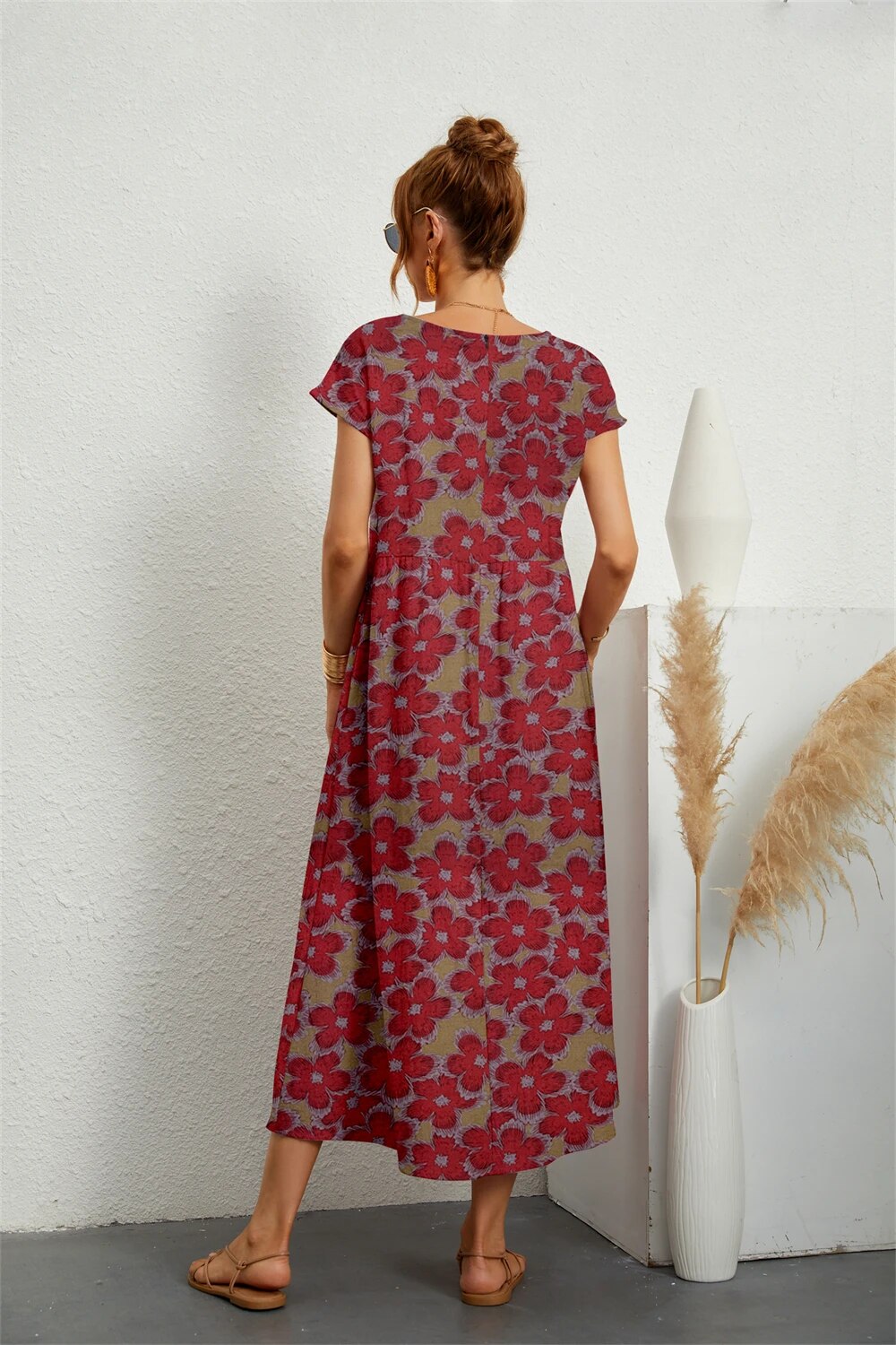 Bedrucktes Kurzärmeliges Midikleid für Frauen