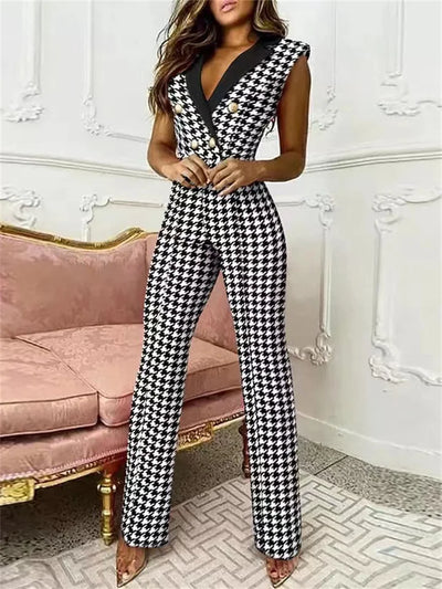 Zavando – Stylischer Jumpsuit mit V-Ausschnitt und Hahnentrittmuster