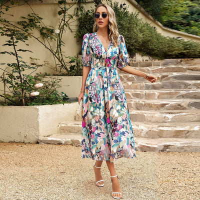 Damen Midikleid mit Abstract-Print und V-Ausschnitt