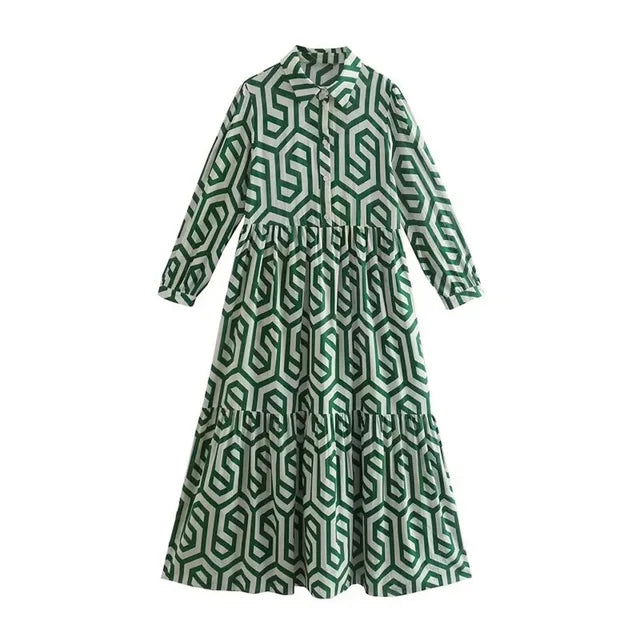 Damenkleid Mit V Ausschnitt Und Geometrischem Muster | Midi