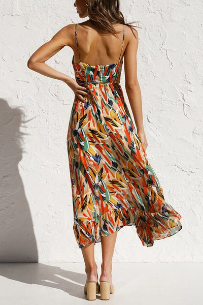 Damen Midikleid mit abstraktem Muster und Spaghettiträgern