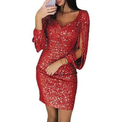 Damen Stylisches Glitzer Fransen Langarm Cutout Party Kleid | Mini