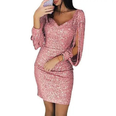 Damen Stylisches Glitzer Fransen Langarm Cutout Party Kleid | Mini