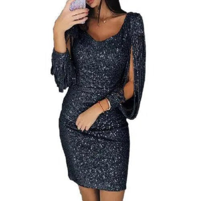 Damen Stylisches Glitzer Fransen Langarm Cutout Party Kleid | Mini