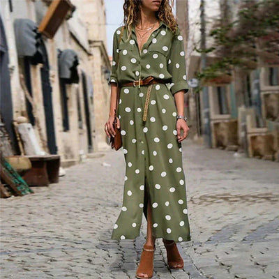 Damen Kleid mit Polka-Punkten Midi-Länge