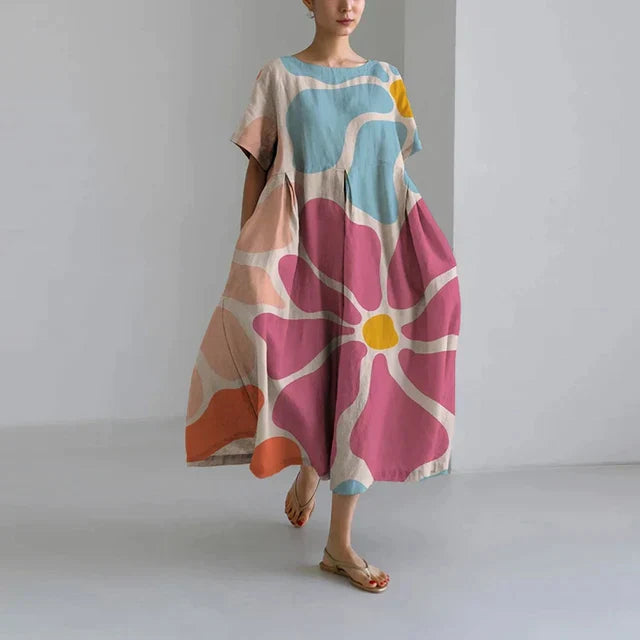 Zavando – Oversize-Kleid aus bedrucktem Baumwollleinen