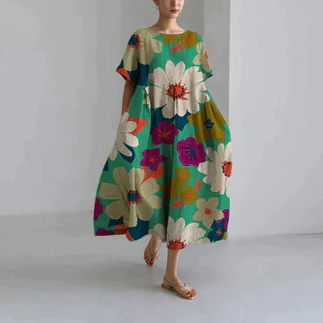 Zavando – Oversize-Kleid aus bedrucktem Baumwollleinen