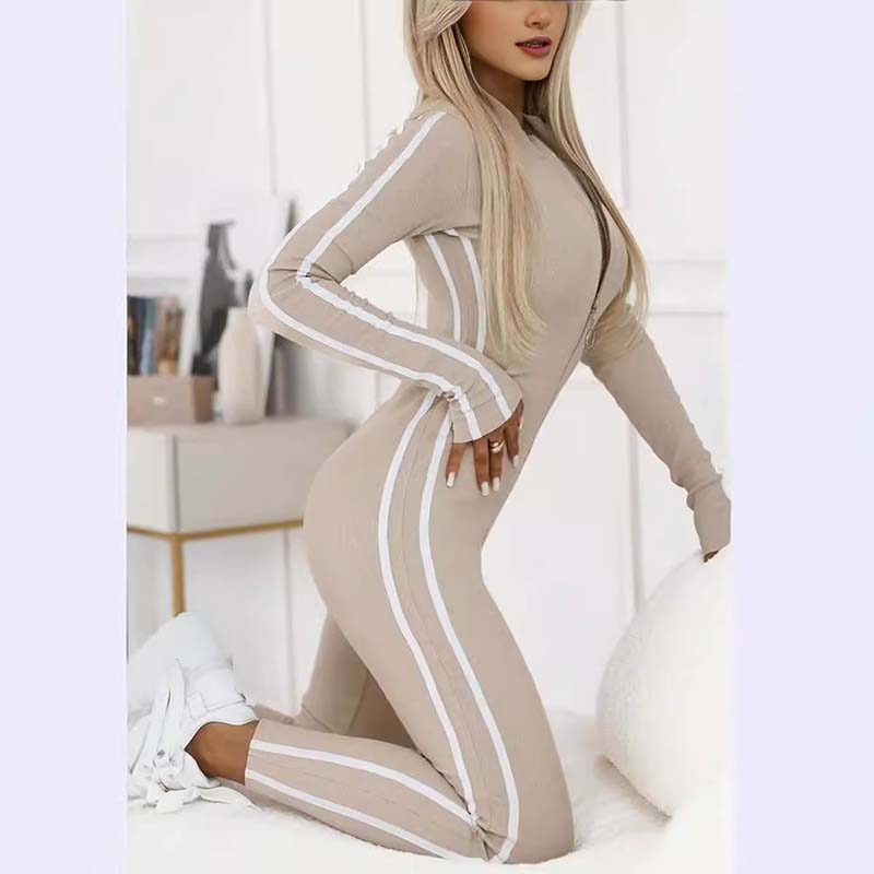 Damen Sportlicher Reißverschluss Langarm-Jumpsuit