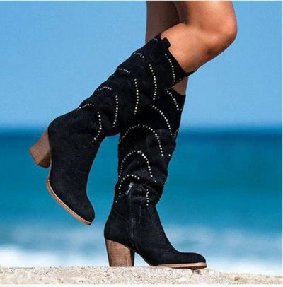 Damen Kniehohe Wildlederstiefel mit Nietenverzierung