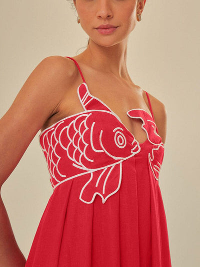 Zavando - Maxikleid aus Leinenmischung mit Fischstickerei